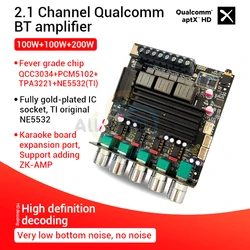 ZK-APTX1 BT Digital Amplifier Board 2.1 Channel 100Wx2+200W Power Audio Stereo Bass AMP QCC3034 TPA3221