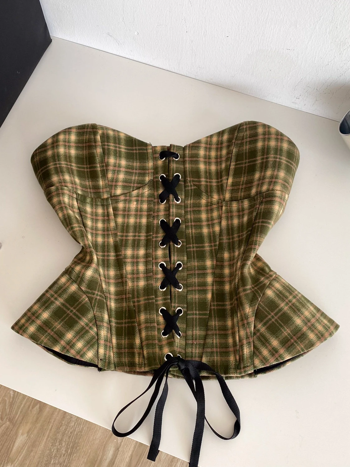 Foamlina Vintage Green Checkered Corset Bustier Top Gothic Strapless Lace Up Slim Fit Bodycon Crop Top for Night Party Clubwear