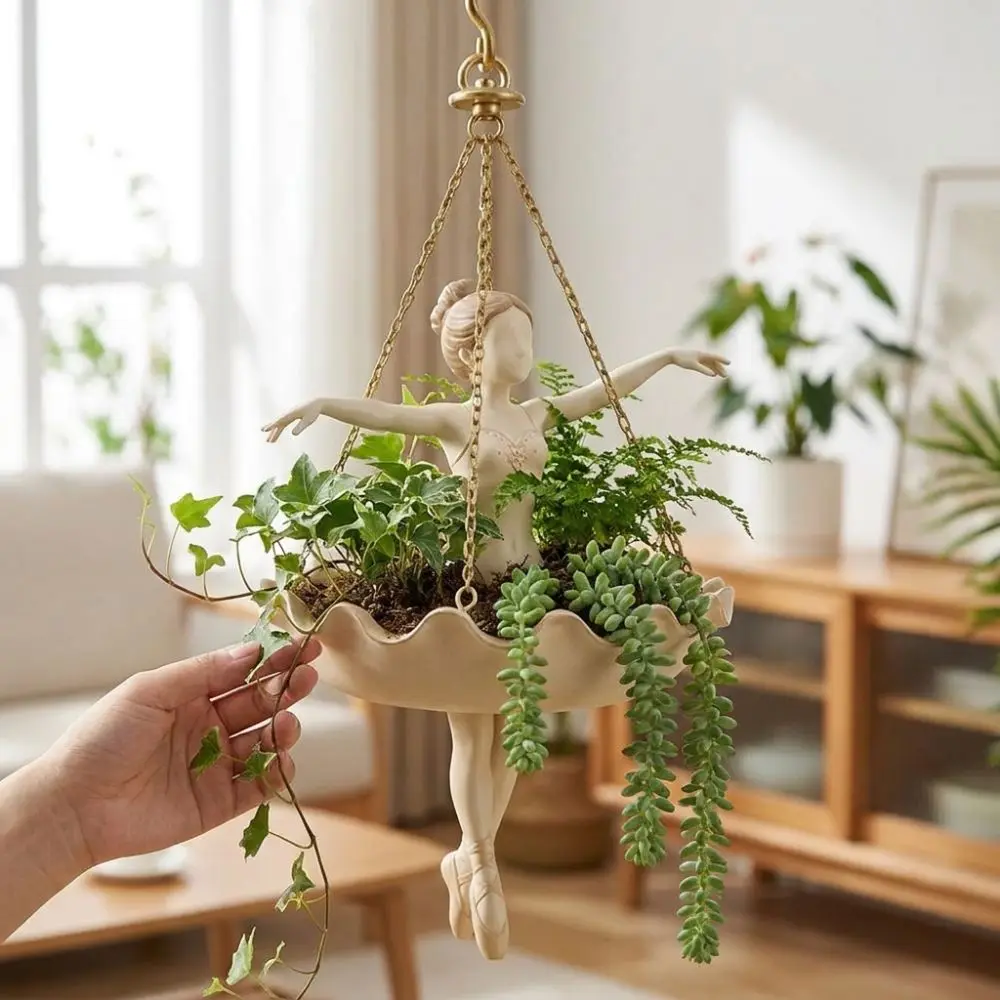 Resin Ballet Dancer Hanging Planter Whimsical Hand Carved Fairy Flower Pot Weather Resistant UV Resistant Flower Container