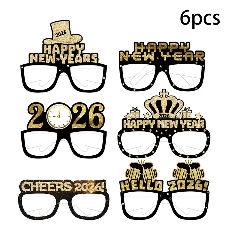 Happy 2026 Black Gold New Year Paper 3D Glasses Happy New Year Children's Photo Props Decorative Use