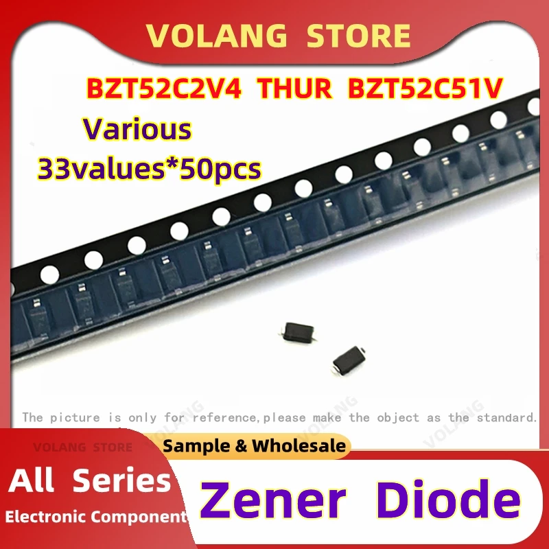 1650 قطعة BZT52C2V4 ~ BZT52C51V SOD-123 زينر ديود سلسلة 500mW 0.5uA 33 القيم * 50 قطعة WX W1 3V3 W4 3V6 W4 24V WO 20V 18V WL 9V1 WE
