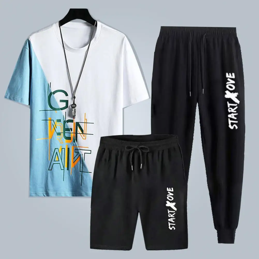 T-shirt Shorts Sweatpants Set Men's Sportswear Set Round Neck T-shirt Elastic Waist Shorts Sweatpants Stylish Tracksuit