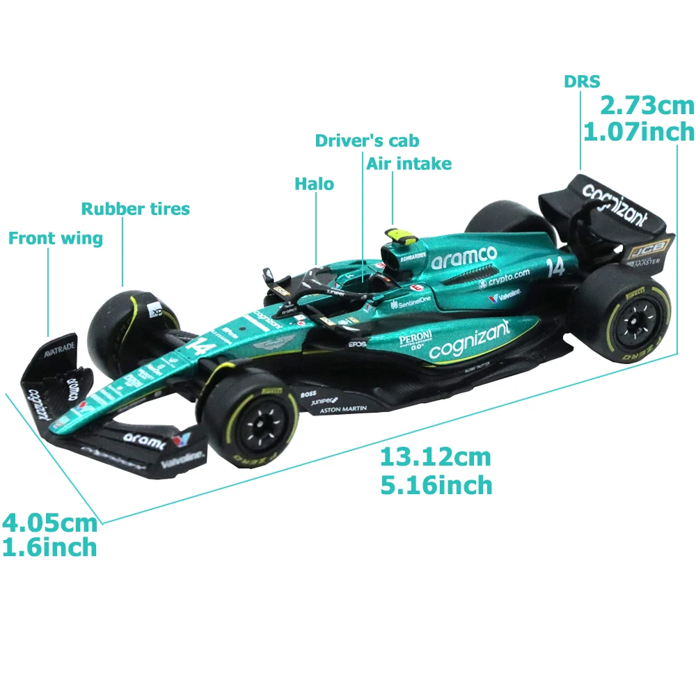 Bburago 1/43 2023 Aston Martin AMR23 레이싱 모델, 합금 다이캐스트 장난감 고무 타이어, 성인용 선물, #14 페르난도 #18 랜스 레이싱