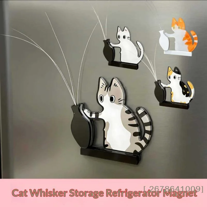 ⚑Acrylic Cat Whiskers Collection Ornaments Magnetic Cartoon Cat Hair Storage Cat Pushing Vase Decor Refrigerator Magnet