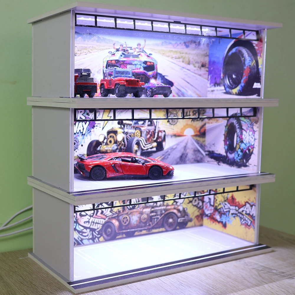 1/64 Scale LED Light Car Garage Diorama Display Model Set Miniature Parking Lot Collectible Gift for Model Enthusiasts