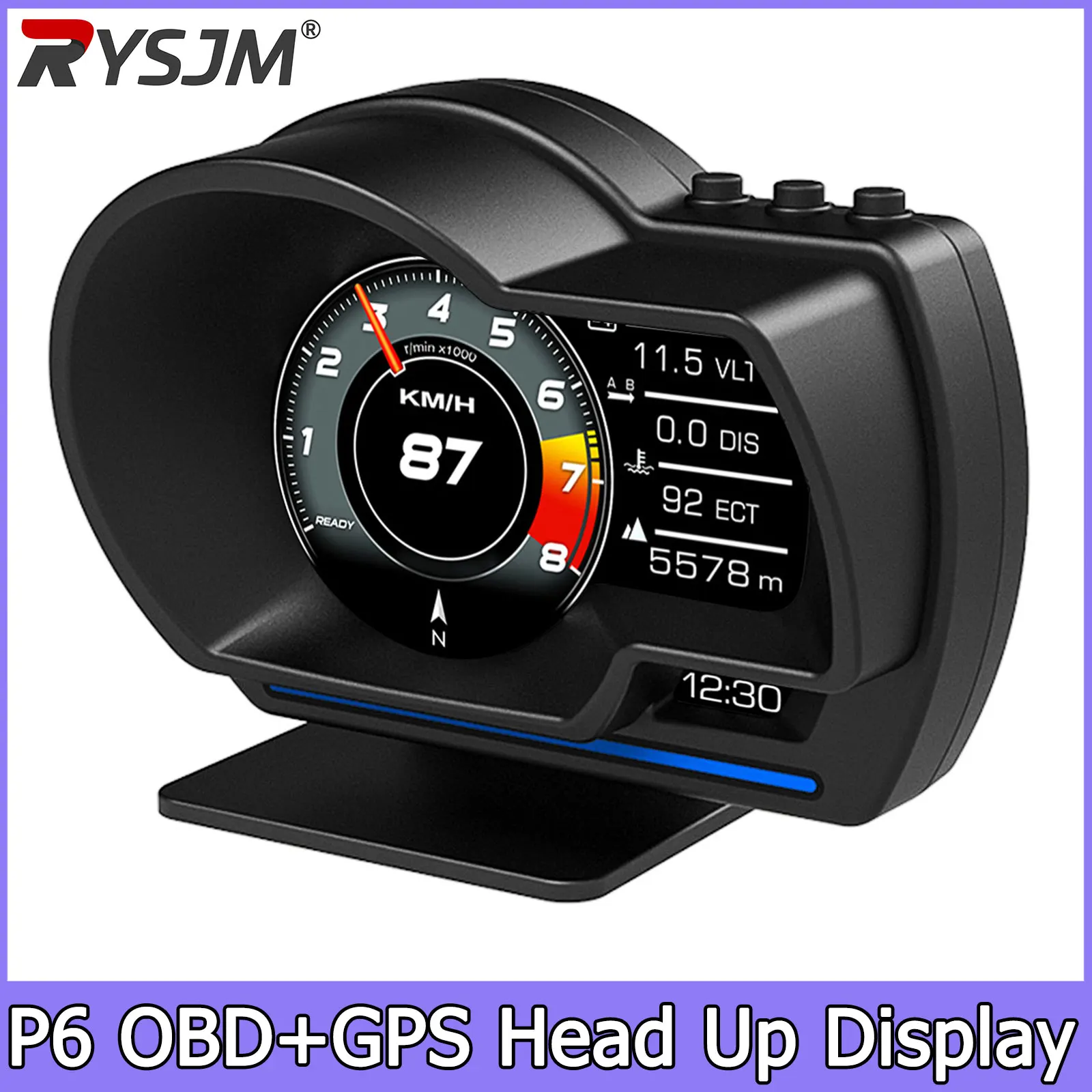 OBDⅡ+GPS Smart Gauge P6 HUD Speedometer Car Diagnostic Tool Water Temp Turbo Pressure Fault Code Elimination Car Head up Display