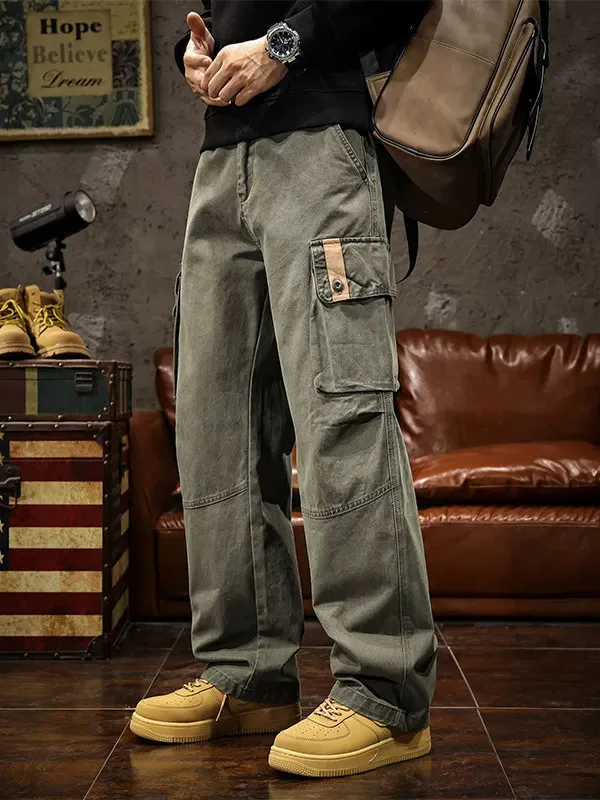 American Retro Military Green Work Pants Men's Spring Autumn New plus Size Loose Straight Casual Trousers