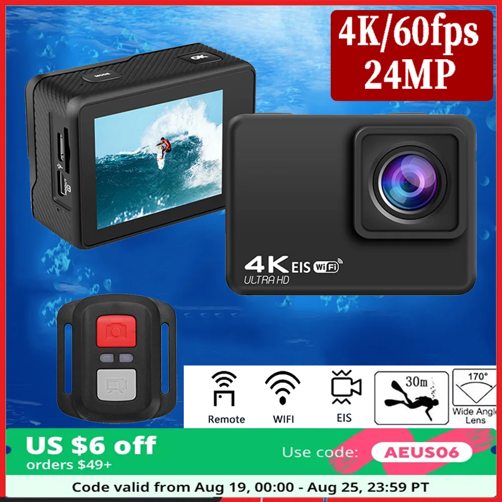 

Ultra HD 4K/60fps 24MP Wi-Fi 2" IPS LCD 170D DVR Underwater 30M Helmet Video Sport Anti-Shake Action Camera With IMX386 Lens