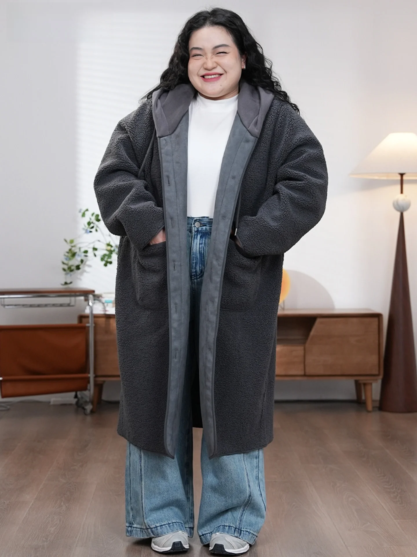 

Осенне-зимнее шерстяное пальто большого размера с капюшоном, повседневное, свободного кроя, женское, утепленное, с длинными рукавами, однотонное, из полиэфирного волокна