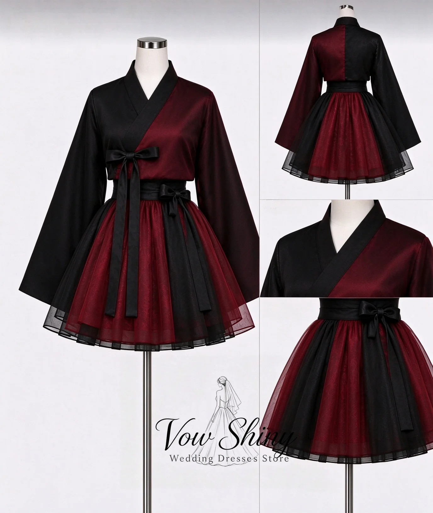 Vow Shiny Customized 2027 Black Wine Red Modern Hanbok Mini Dress Contrast Bow Long Sleeve Concert Stage Party Gown