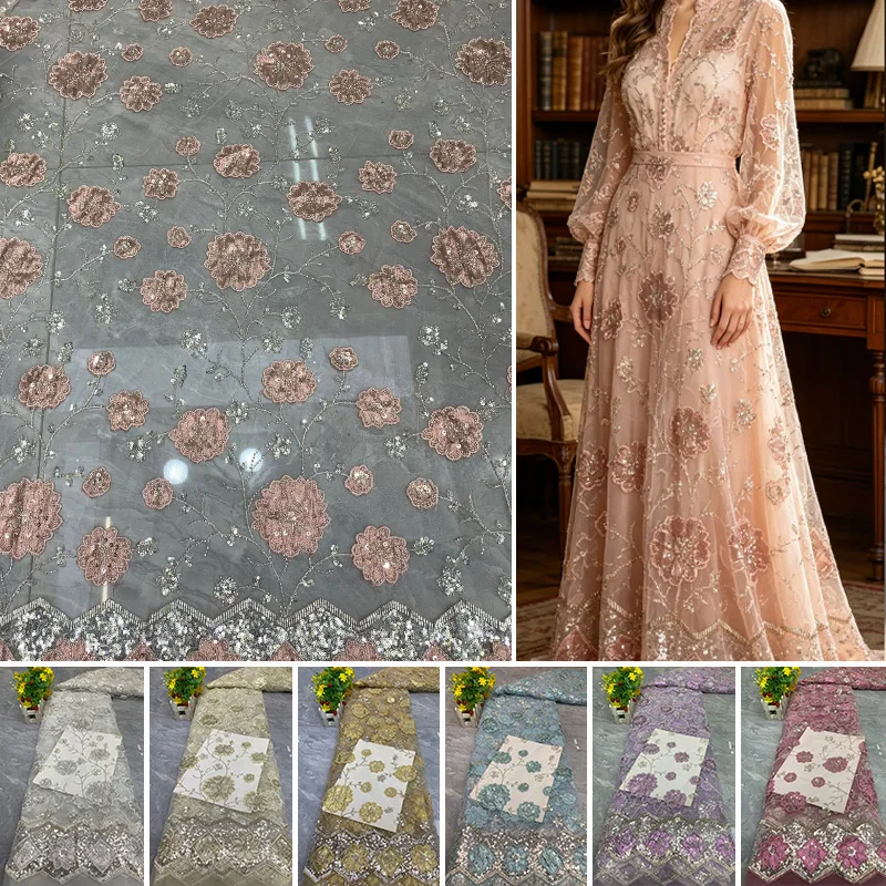 

African Beaded Embroidered Lace Fabric Floral Sequin Embroidery Tulle Cloth for Wedding Dress Cheongsam Evening Gown Material