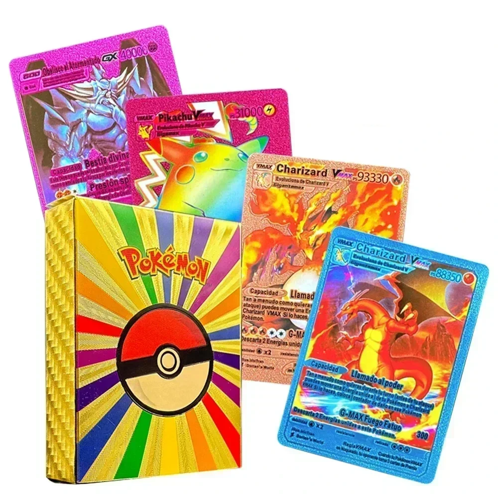 55 Stück Goldkarten-Box Goldene Silberne Spanische Französische Englische Deutsche Charizard-Karten Seltene Sammelkarten Kampfkarten