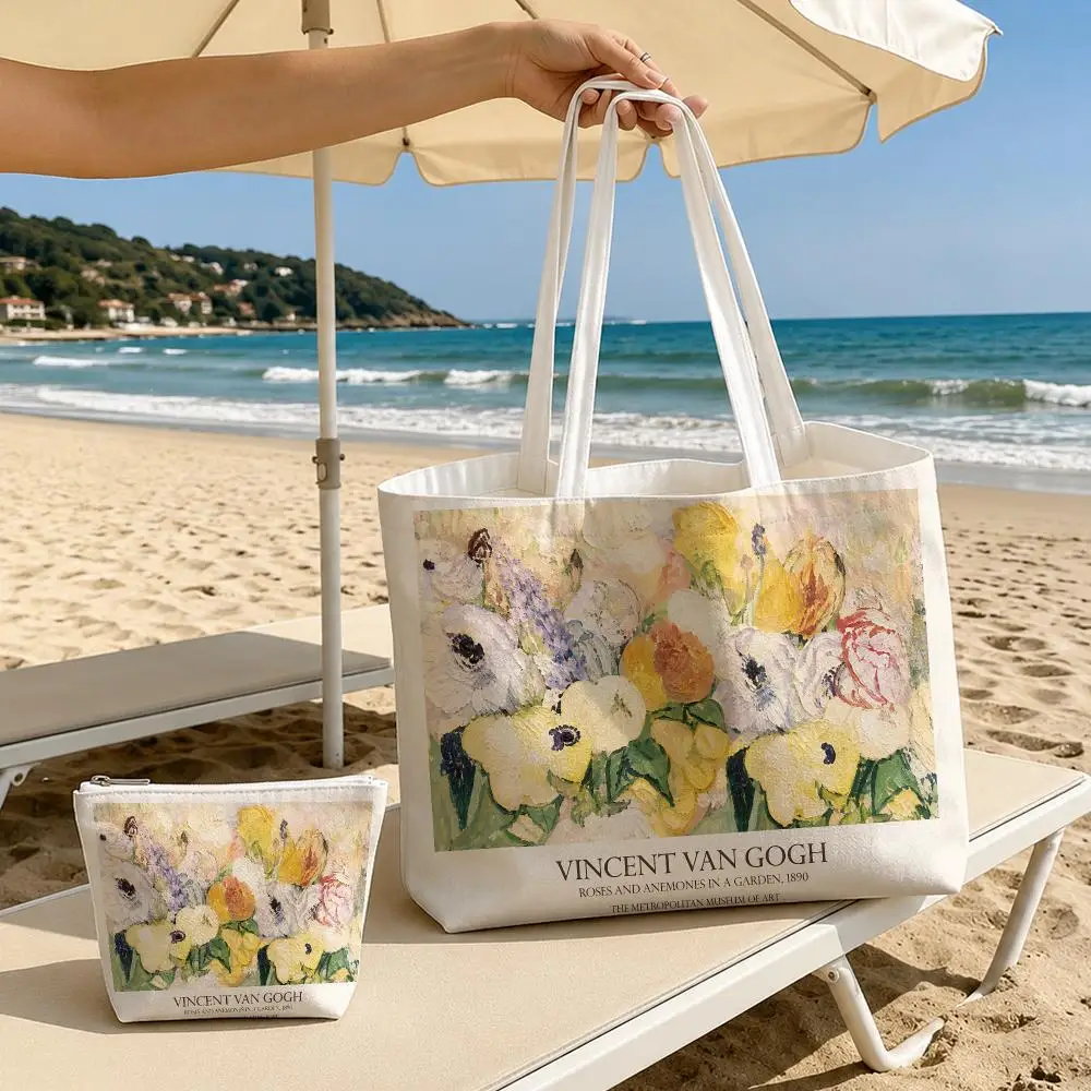 Vintage Museum Flowers Art Storage Bags 2-Piece Zipper Canvas Set Large Capacity Reusable For Work School Shopping & Travel&Gift