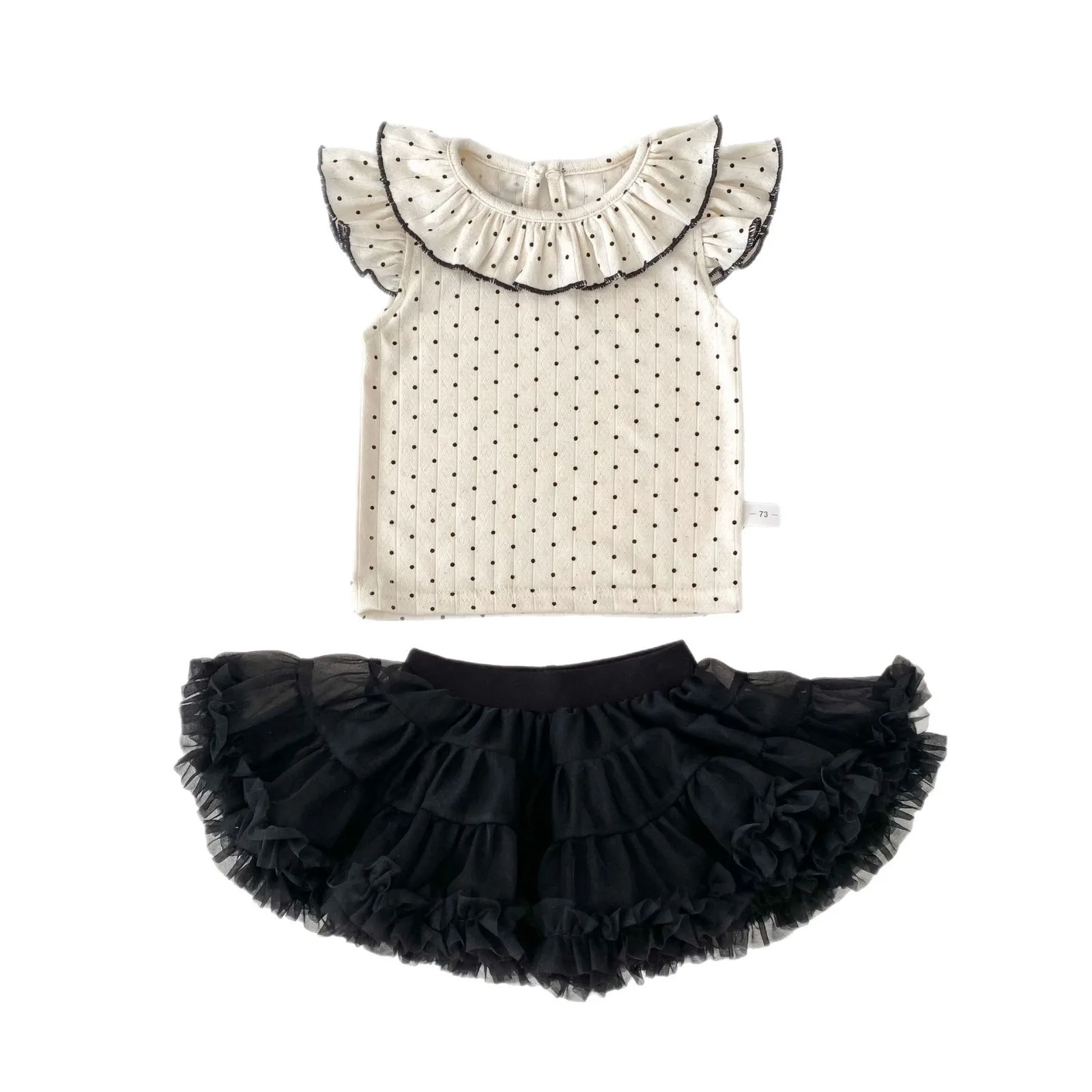 طقم تي شيرت صيفي جديد للفتيات الصغيرات مع ياقة دانتيل منقط وأكمام طائرة لملابس الفتيات #5