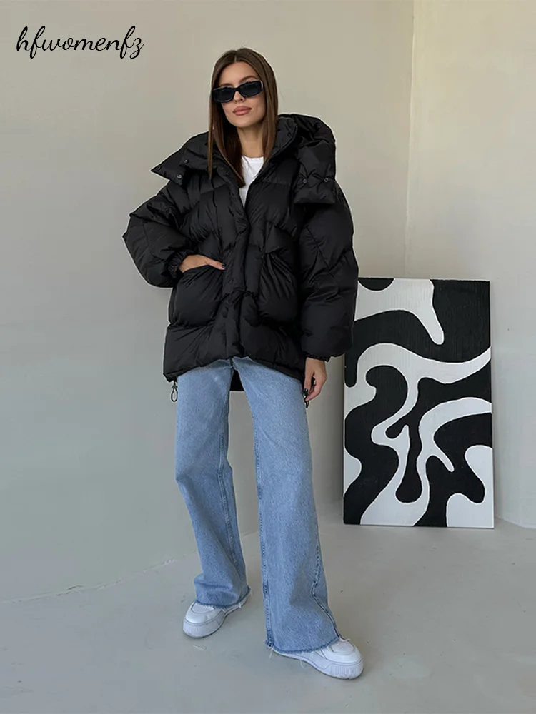 Women's Winter Hooded Padded Coat Drawstring Waist Long Sleeve Pockets Black Puffer Jacket 2026 Winter Lady Thick Warm Outwear