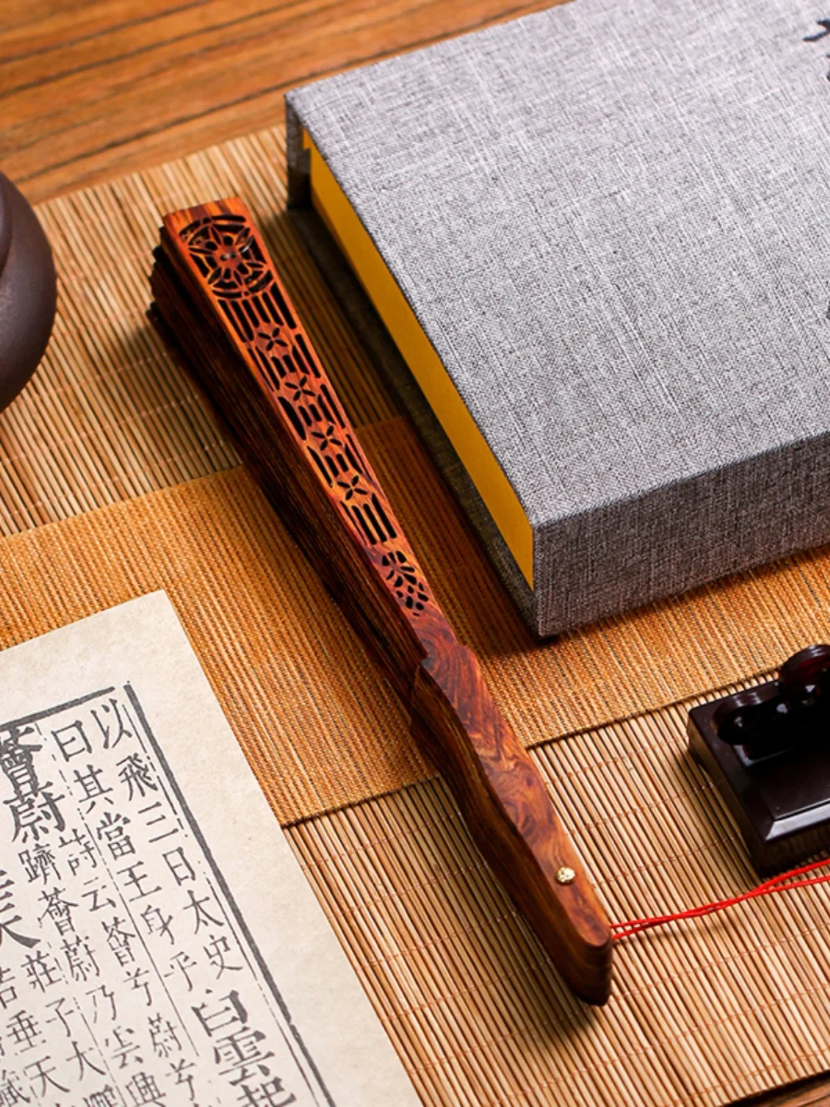 Huanghuali folding fan lobular red sandalwood craft fan high-end cultural and play retro hollow engraving