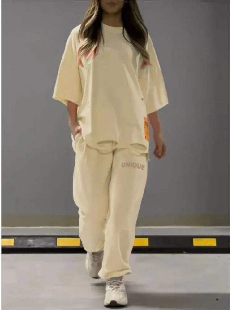 New Autumn Women's Loose Round Neck T-shirt Tops And Pants Set Two-piece Set Fashionable And Casual Solid Color Ripped Top Set