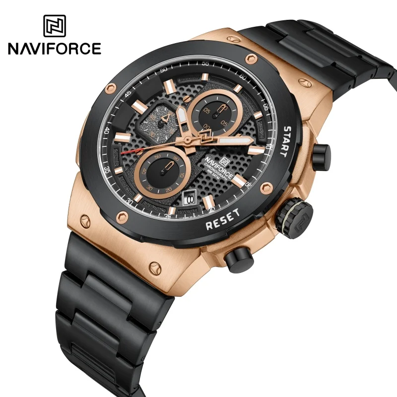 NAVIFORCE 8072 Men's Quartz Watch Calendar Chronograph Luminous Waterproof Stainless Steel Strap Casual Sports Watches for Men