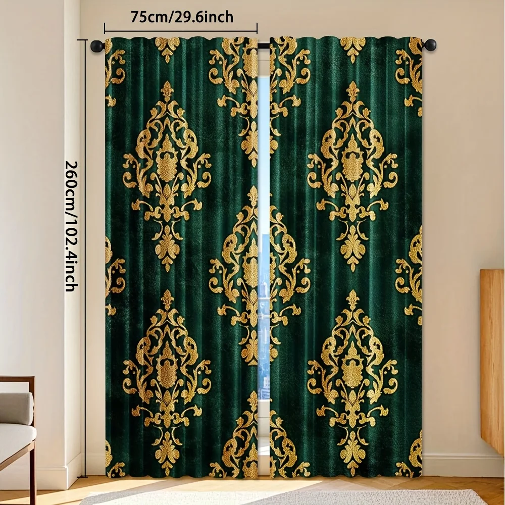 Luxury Emerald Green Velvet Damask Curtains Window Drapes Gold Ornate Baroque Polyester Fabric Home Decor Curtain Panels