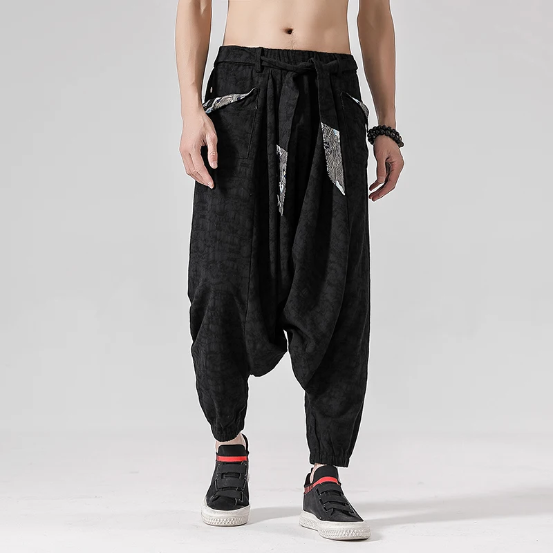 

Wide Leg Pants Men's Cotton Linen Casual Oversize Harajuku Hip Pants Men Japanese Samurai Retro Ukiyo-e Print Belt Trousers Mens