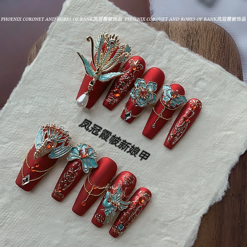 5 PCS new chinese style xiuhe wedding nail accessories with temperament phoenix crown and rosy glow colorful enamel bridal nail