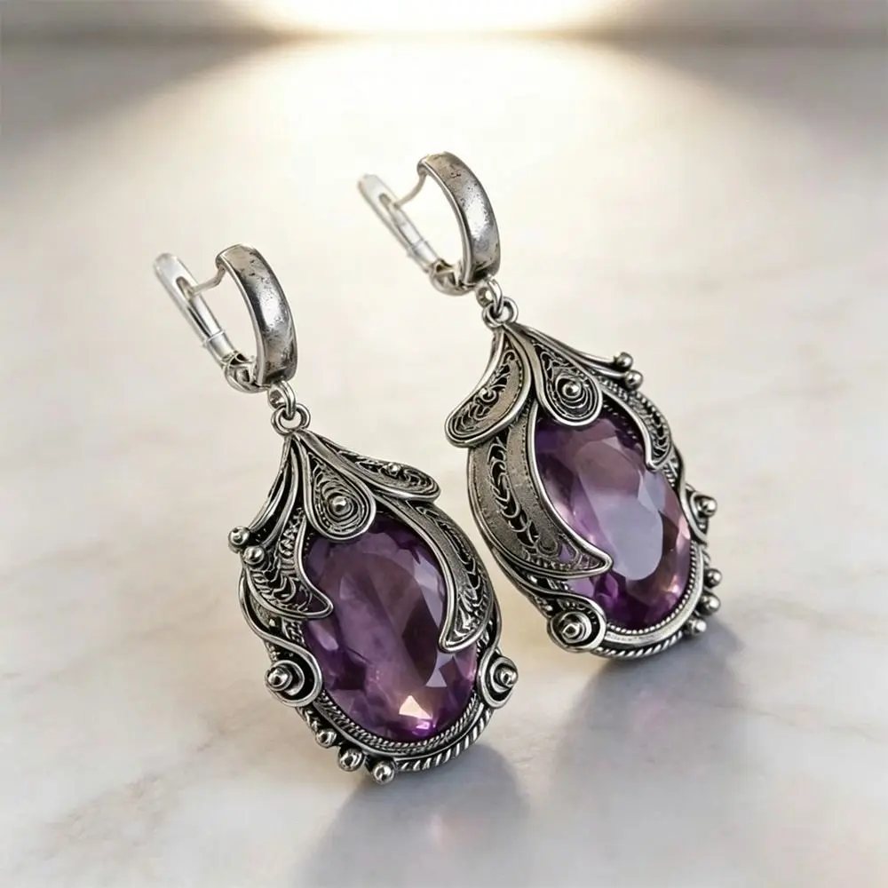 Silver-Plated Metal Zircon Drop Earrings Ornate Inlaid Long Dangle Crystal Dangle Earrings Oval Zircon Stone Statement Earrings