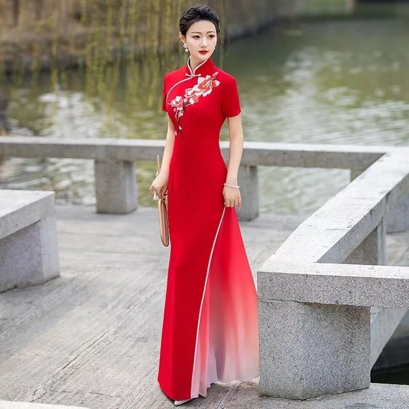 

Summer Women Vietnam Aodai Cheongsam Oriental Folk Style Flower Embroidery Banquet Evening Dress