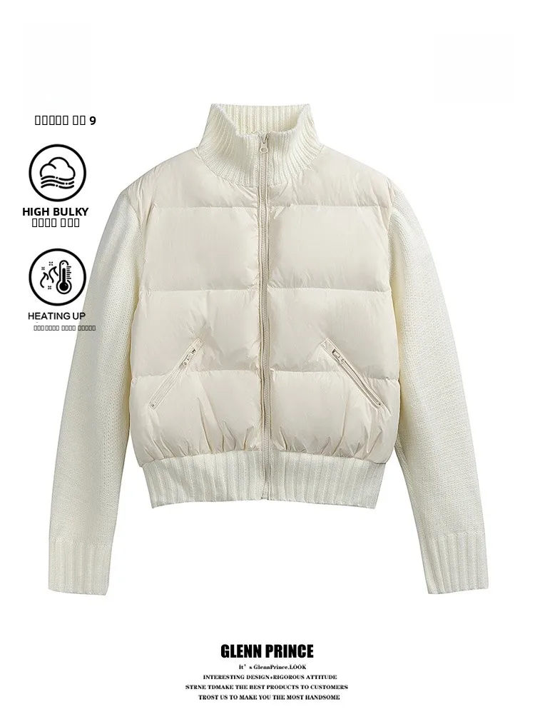 

Корейская вязаная куртка-пуховик в стиле пэчворк для женщин, зимнее пальто с 90% белым утиным пухом, стильный дизайн, маленький размер, верхняя одежда