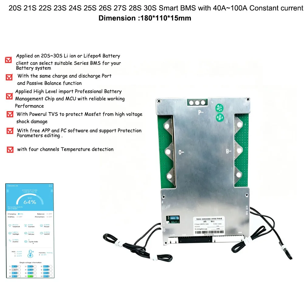 

20S 21S 22S 23S 24S 25S 26S 27S 28S 29S 30S 60V 72V 84V 110V 126V Li ion or Lifepo4 Smart bluetooth BMS with 100A