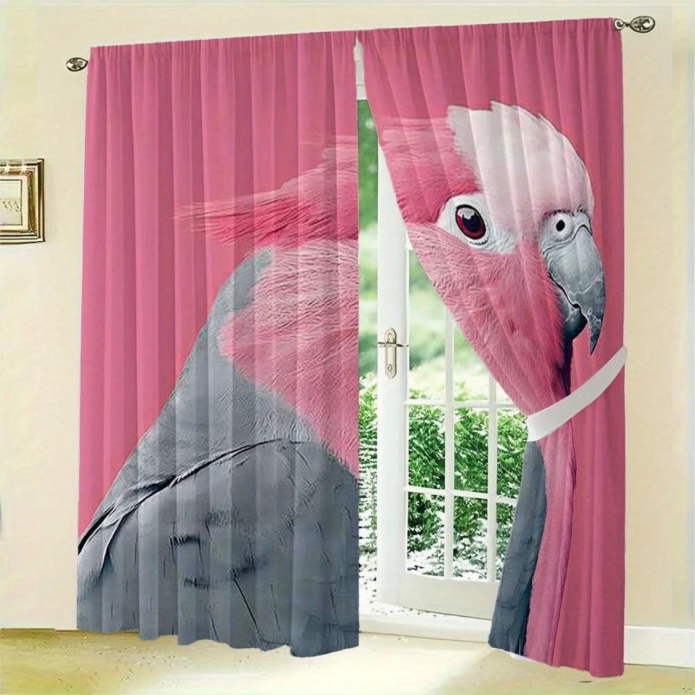 2PC Exotic Macaw Bird Curtain Tropical Pink Parrot Print Shower Curtains for Bathroom Bedroom Living Room Home Decor