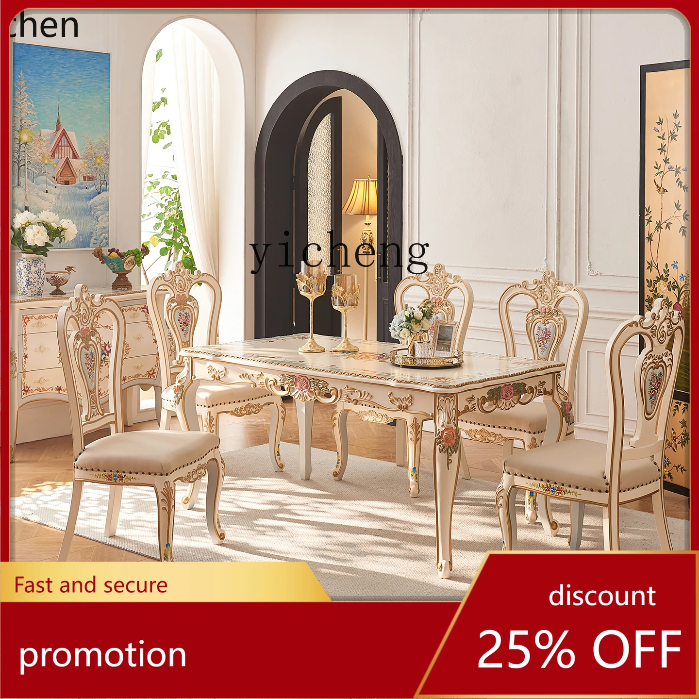 

HXL Solid Wood Carved Hand-Painted Floral 1.8m Dining Table and Chair Set