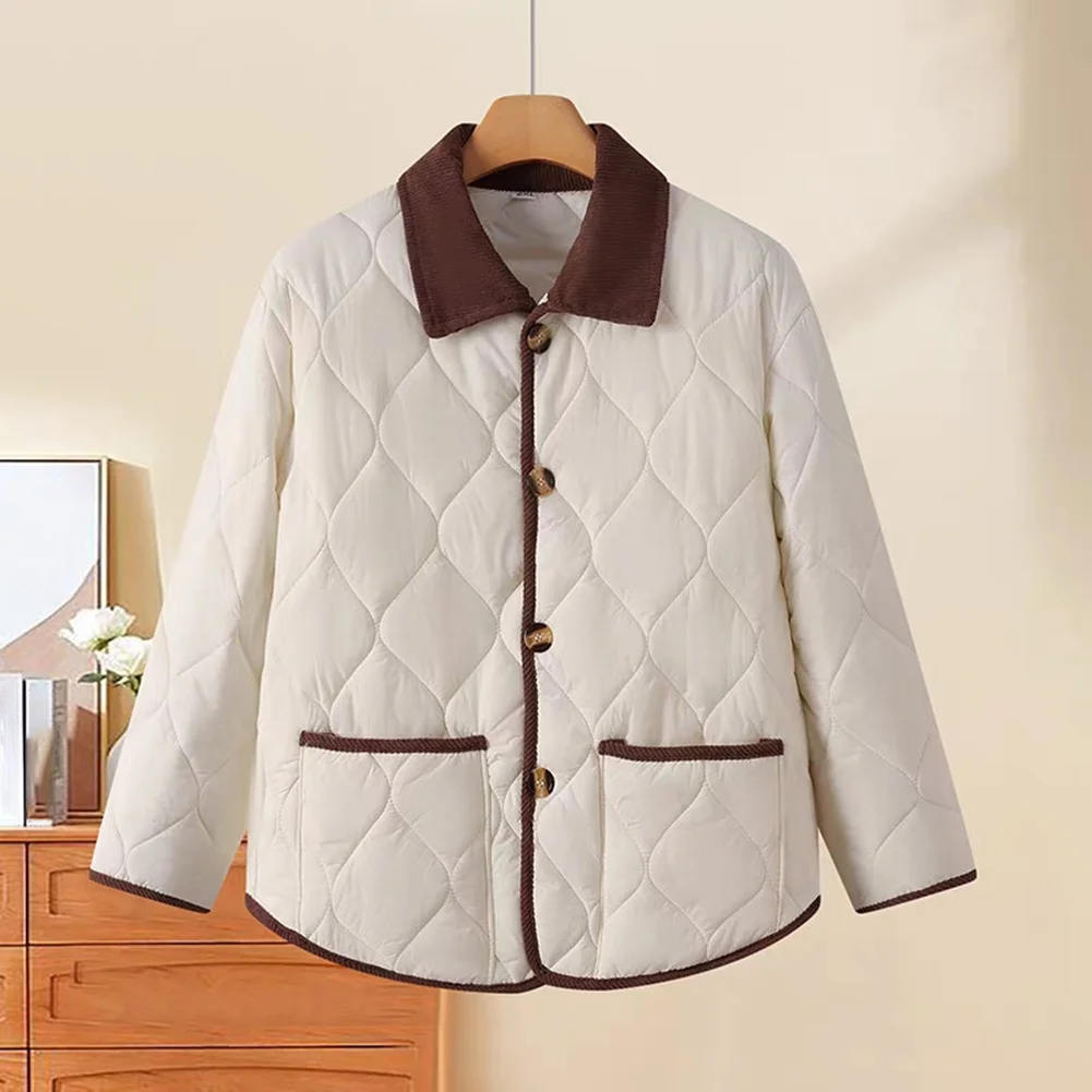 Womens Wavy Quilted Corduroy Jacket Solid Color Lapel Collar Contrast Trim Medium Elasticity Summer Beach Style