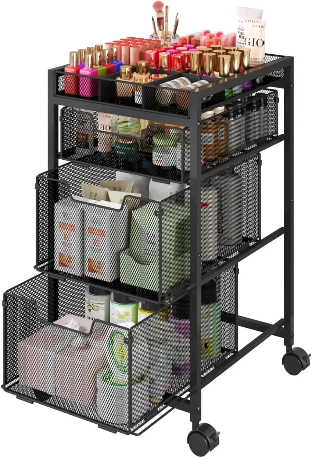 

3-Drawer Rolling Makeup Cart with Dividers and Wheels, Versatile Organizer for Cosmetics and Tools, Black
