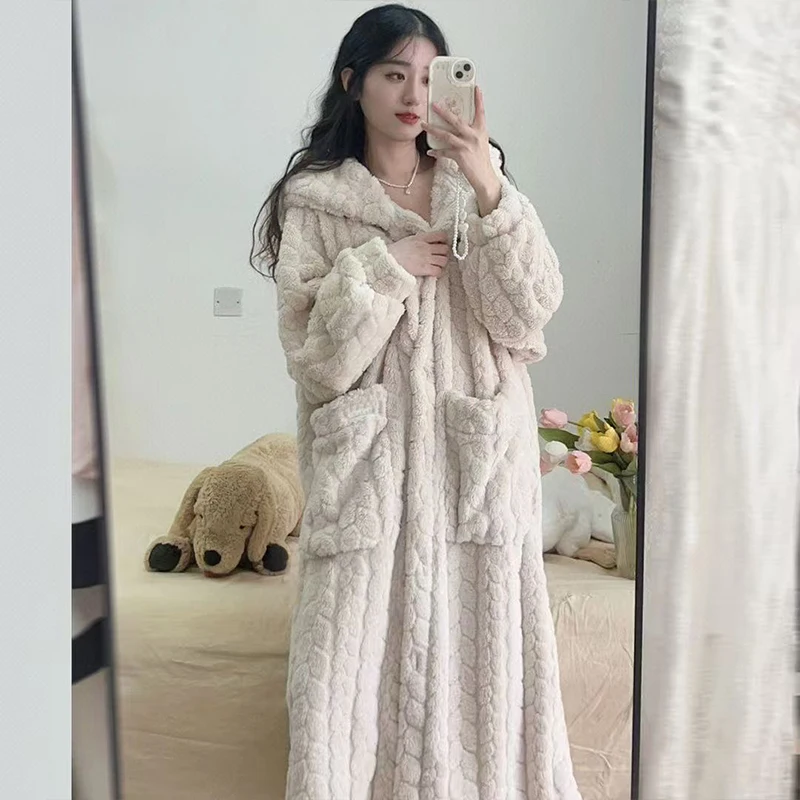 Women's Flannel Coral Fleece Long Hooded Nightgown Warm Plush Loungewear with Pockets Casual Home Sleepwear for Autumn Winter image 6