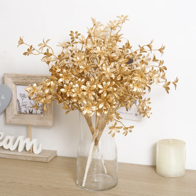 Artificial Plastic Flowers Christmas Gold Fake Plants Decorative Items for Home Floral House Bedroom Decor Wedding Accessories