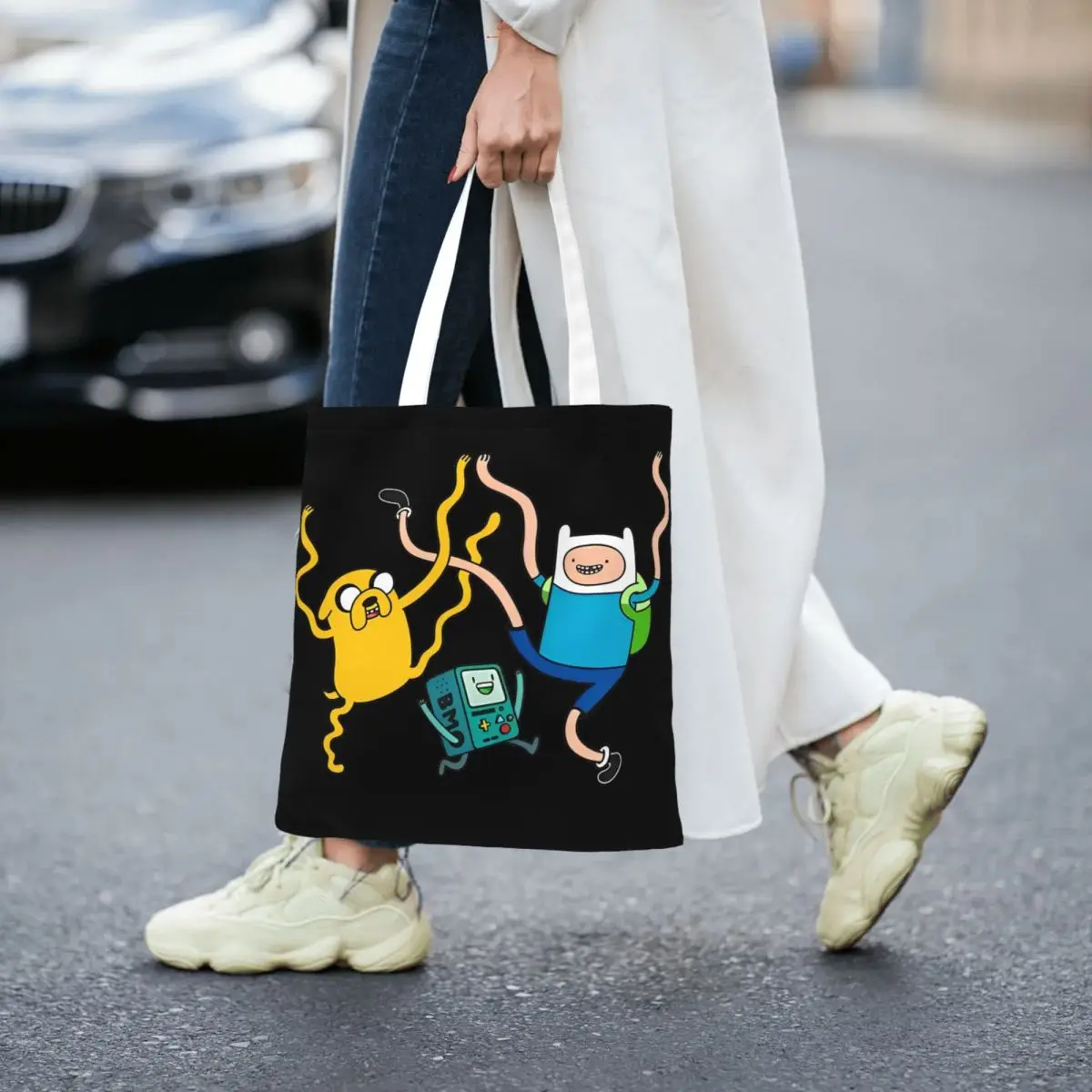 حقيبة يد نسائية من Finn Jake BMO للحفلات، حقيبة كتف من القماش بتوقيت المغامرة للطلاب، حقيبة تسوق قابلة لإعادة الاستخدام