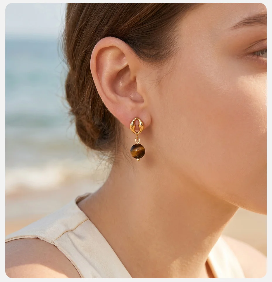 Vnox Trendige Naturstein-Ohrhänger für Damen, vergoldeter Edelstahl, ovale Ohrringe mit natürlichem Türkis, Boho-Schmuck – Detail 3
