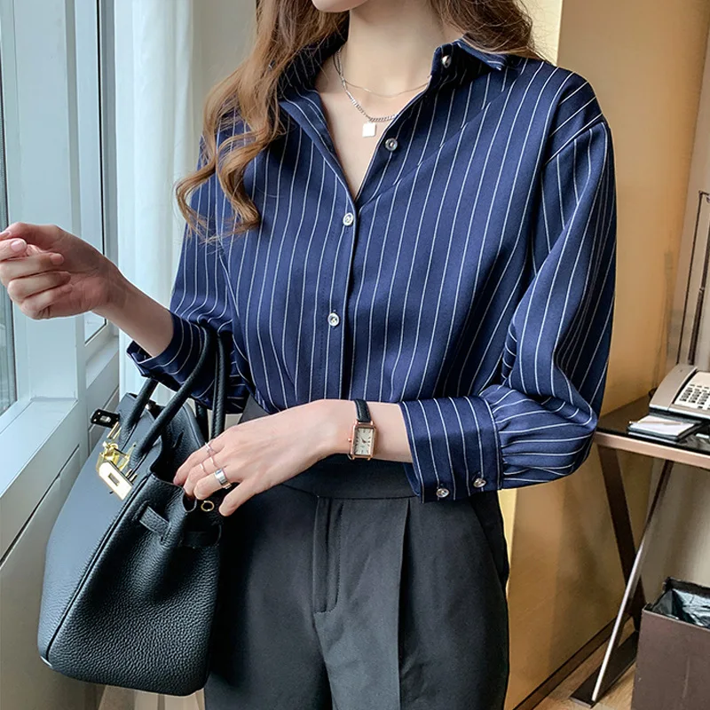 Vertical Striped Chiffon Shirt for Women's Three Quarter Sleeved Autumn Outfit, New Design Sense, Niche, Light Mature Top