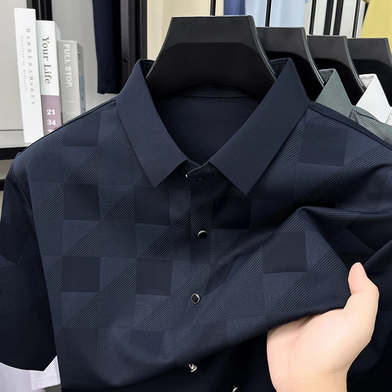 

TFETTERS Summer Men Shirt 2026 Luxury Geometric Plaid Textured Short Sleeve Formal Dady Collared Shirt for Man Anti-wrinkle Soft