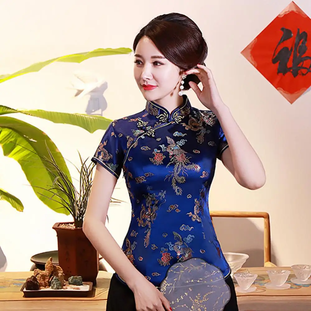 Women Blouse Shirt Chinese Traditional Cheongsam Qipao Dragon/Phoenix Cheongsam Embroidery Short Sleeve Women Shirt Top Oversize