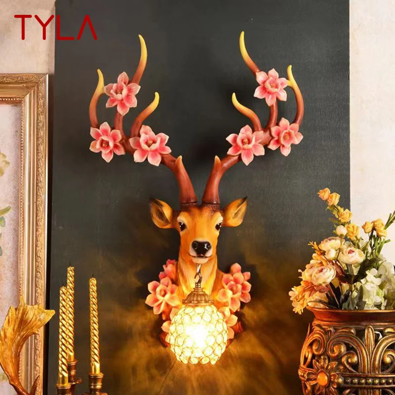 TYLA Contemporary Deer Wall Lamp LED Creative Plum Blossom Decor Resin Sconce Light for  Home Living Room Bedroom