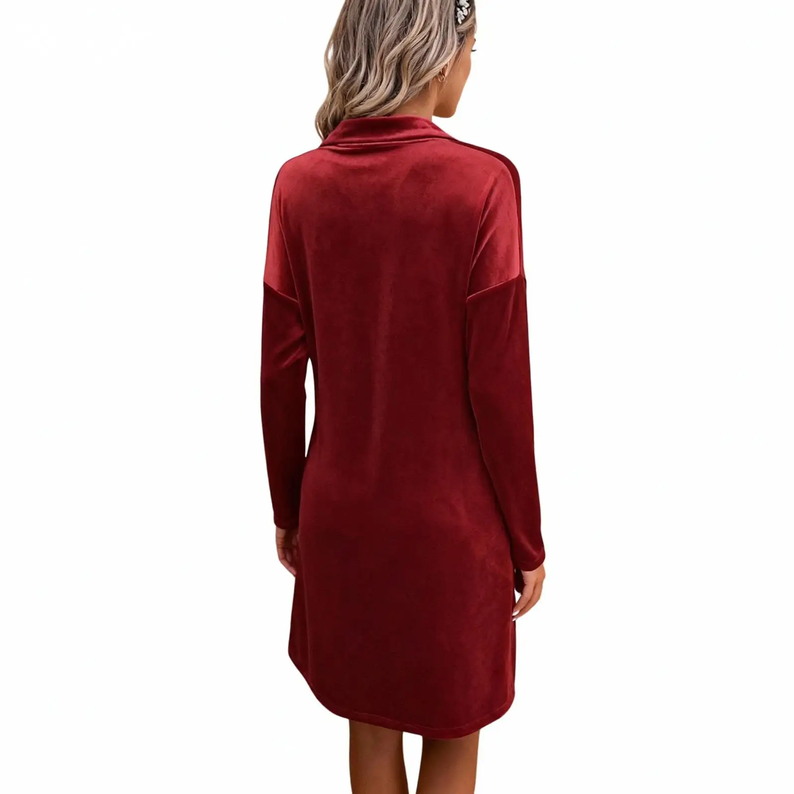 Casual damesjurk met lange mouwen, V-hals, trui, fluwelen midi-jurk, lente en herfst, bruiloftsgastjurk, feestjurk