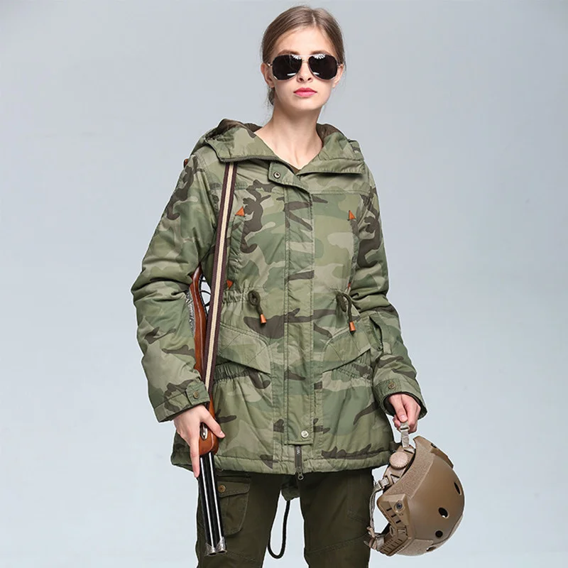 

Women Spring Winter Camouflage Thick Windbreaker Tactical Outdoor Camping Hiking Climbing Hooded Cotton-padded Clothes Jacket