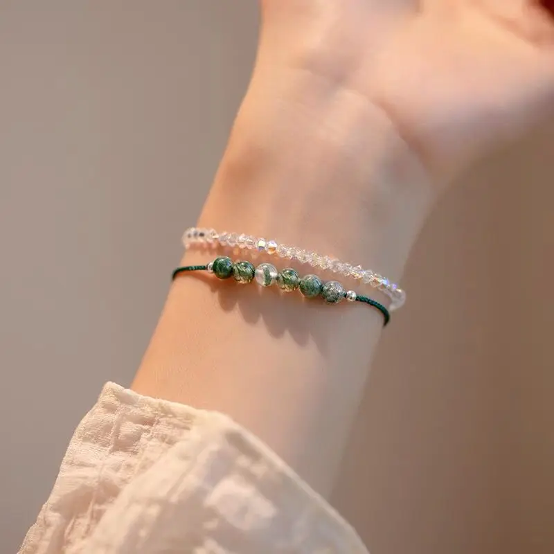 Natural Crystal Thin Dark Green Bracelet Extremely Hand Rope Ultra-Fine Couple Simple French Aquaweed Antique Style Ins Jewelry