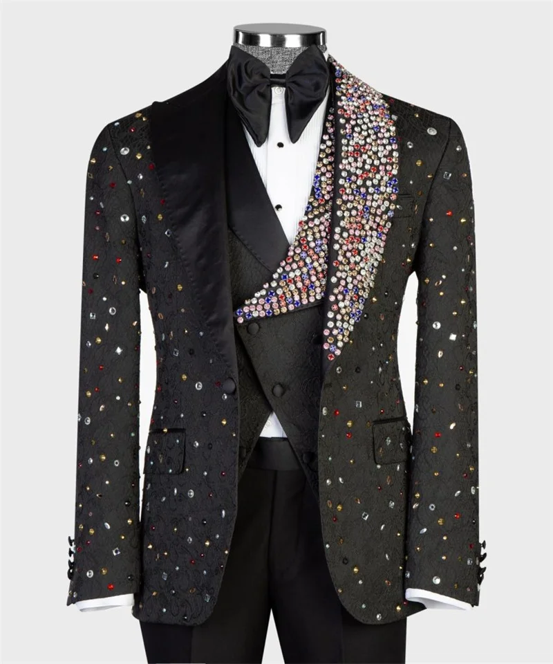 

Luxury Crystals Men Suits 3 Piece Black Vest+Blazer+Pant Business Prom Wedding Tuxedo Customized Formal Office Jacket Trousers