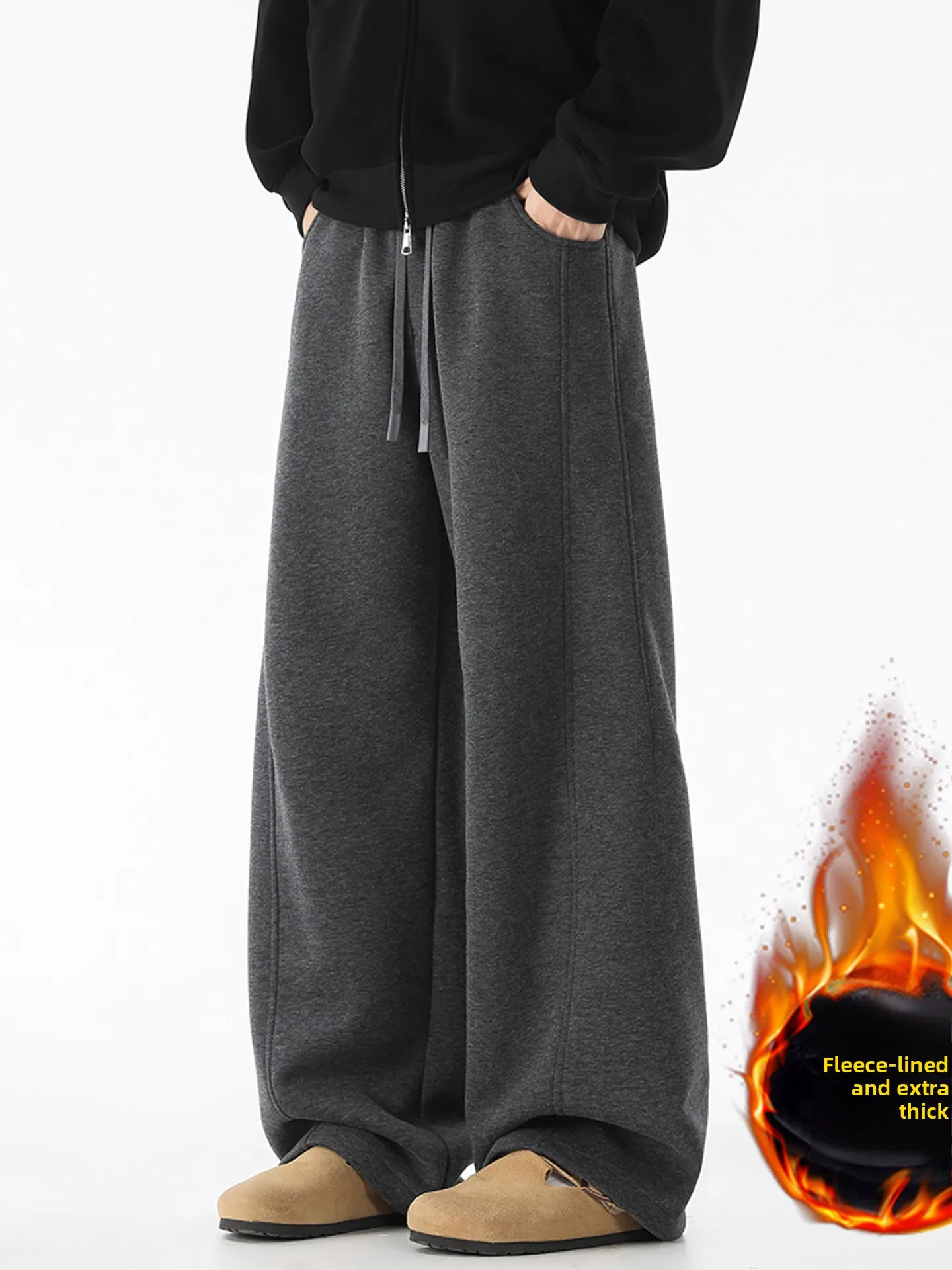 

Men's American Deconstructed Patchwork Fce Lined Straight Leg Casual Pants Thi Warm Winter Trousers Casual Loose Fit