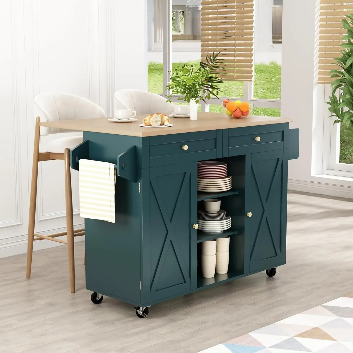 Kitchen Island On Wheels, Rolling Kitchen Island Cart with Drop Leaf Countertop, Barn Door Kitchen Island Table with Cabinet