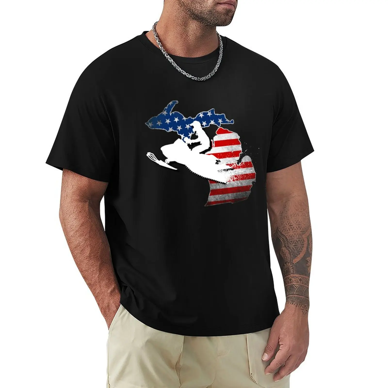 Michigan USA Flag Snowmobile T-Shirt Comfortable Daily Wear Tee