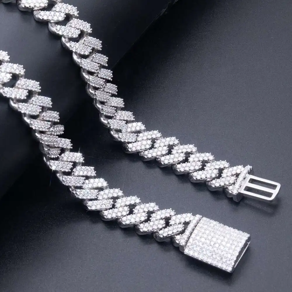 Luxury Hip Hop Bling 2 Row Moissanite Diamond Cuban Chain Necklace 12mm 24