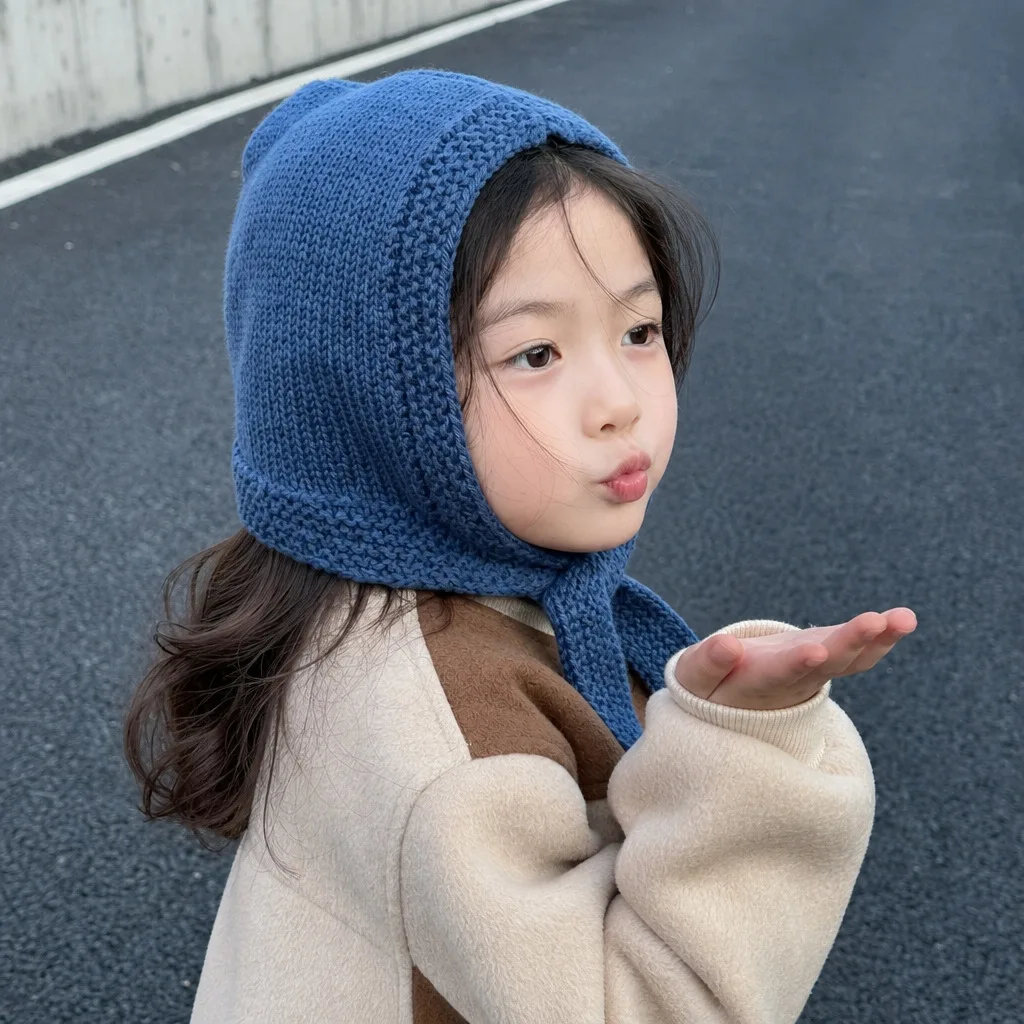 Autumn Winter Solid Girls Knitting Ear Protection Hat Thicken Warm Windproof Kids Hat for Girls Korean Style Children Beanie Cap